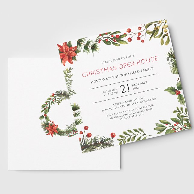Convite Natal Open House Watercolor Berries Feriado (Christmas Open House Watercolor Berries Holiday Invitation)