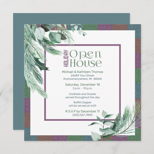 Convite Natal Open House Watercolor Foliage Modern (Frente/Verso)