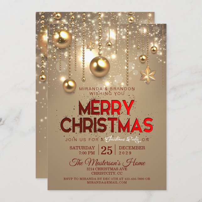 Convite natal ouro Baubles & Stars Natal (Frente/Verso)
