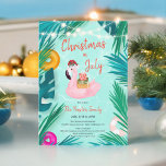 Convite Natal para o festival de piscinas tropical em julh<br><div class="desc">Apresentando nosso Natal festivo e divertido em julho Convite, perfeito para celebrar o espírito de feriado no meio do verão! Esse convite vibrante apresenta um design ilustrado lúdico com um flamingo rosa fazendo um chapéu de Papai Noel, flutuando numa piscina com folhas tropicais e elementos festivos como ornamentos e luzes....</div>