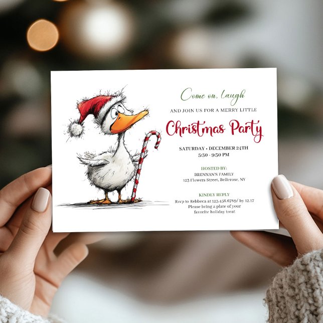 Convite Natal Pato Engraçado Excêntrico Fantasioso Festa (Christmas Funny Quirky Goose Whimsical Party Invite)