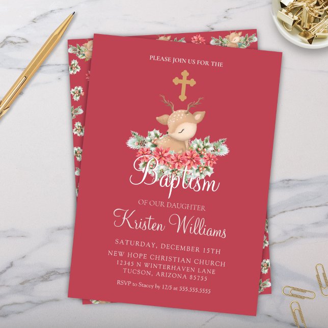 Convite Natal Pequenino Deer Baptism Christening Cross (Cute red little deer Christmas baptism invitation or christening invitation with cross and floral)