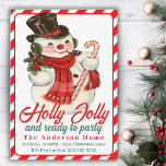 Convite Natal Personalizado para Holly Jolly Snowman<br><div class="desc">Este convite de festas natal vintage do século médio apresenta um boneco de neve alegre no chapéu, cachecol e carregando uma cana doce com as palavras "Holly Jolly e pronta para festejar" com uma brilhante borda vermelha e branca de cana doce e de respaldo. Personalize adicionando os detalhes pessoais do...</div>