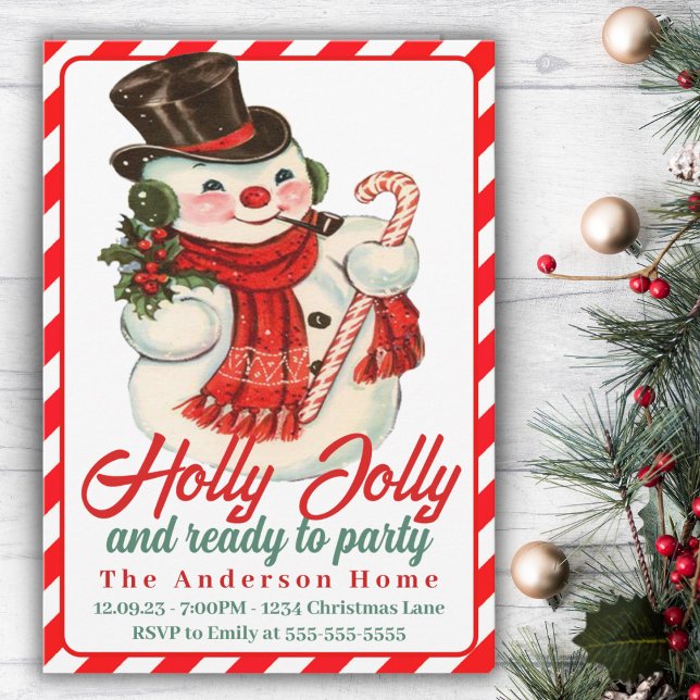 Convite Natal Personalizado para Holly Jolly Snowman (Retro Vintage Holly Jolly Snowman Custom Christmas Invitation)