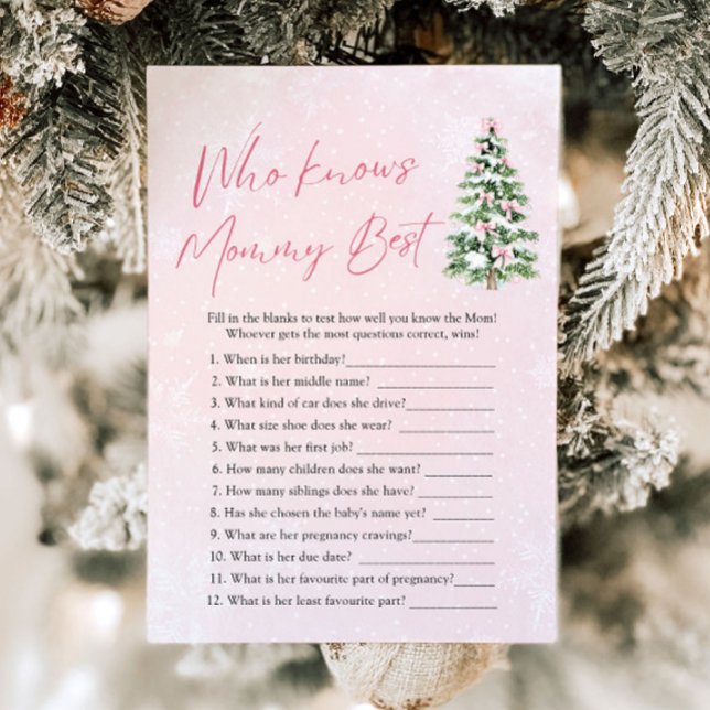 Convite Natal que conhece o melhor jogo de Chá de fraldas  (Pink Bows Christmas Who Knows Mommy Best Baby Shower Game )