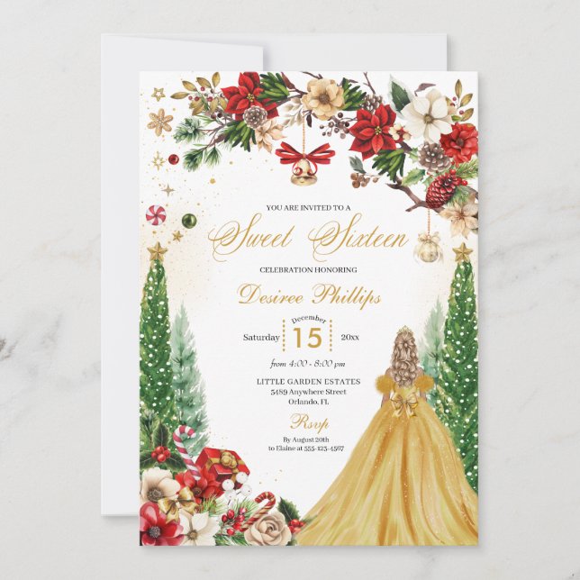 Convite Natal Red Dourado Poinsettia Doce Dezesseis (Frente)