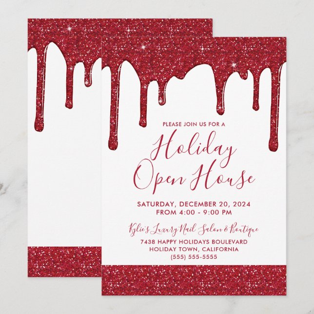 Convite Natal Red Glitter Drives Holiday Open House (Frente/Verso)