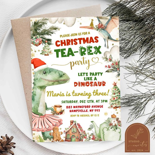 Convite Natal Tea-Rex Dinosaur Tutu Birthday Girl (Criador carregado)
