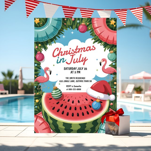 Convite Natal Tropical em Festa de Piscina de Flamingo em  (Tropical Christmas in July invite with flamingos, watermelon & pool vibes in coral and aqua.)