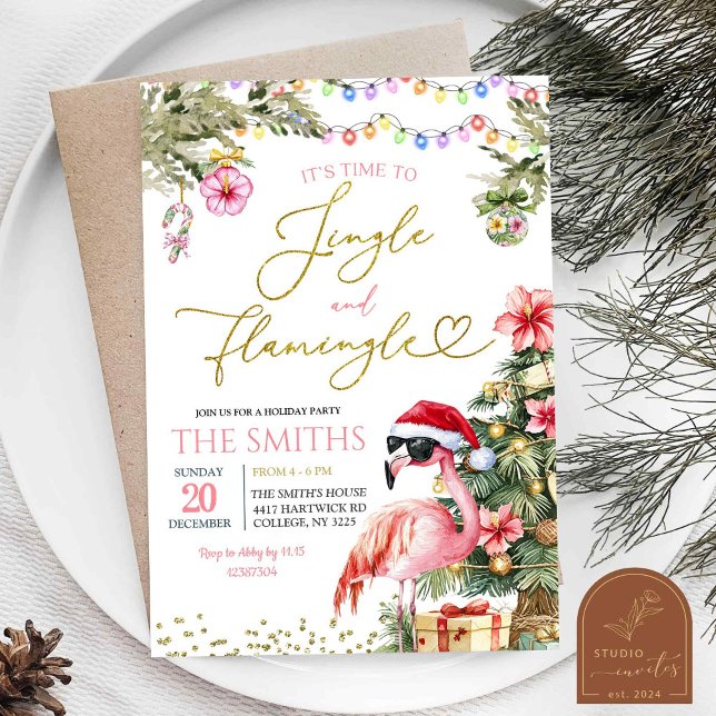 Convite Natal Tropical Pink Jingle e Flamingo (Criador carregado)