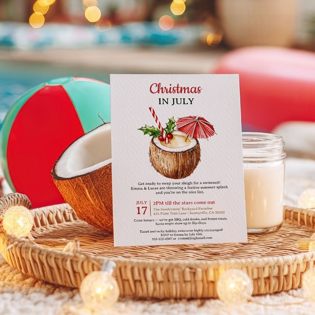 Convite Natal Tropical Red Coconut Beber em julho (Tropical Red Coconut Drink Christmas in July Invitation)