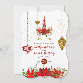 Convite Natal Unicórnio Rosto Aniversário Vermelho Dourado