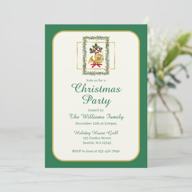 Convite Natal Verde Elegante de Trompa Francesa (Em pé/Frente)