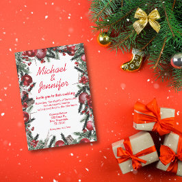 Convite natal vintage em aquarela folhagens casamento verm