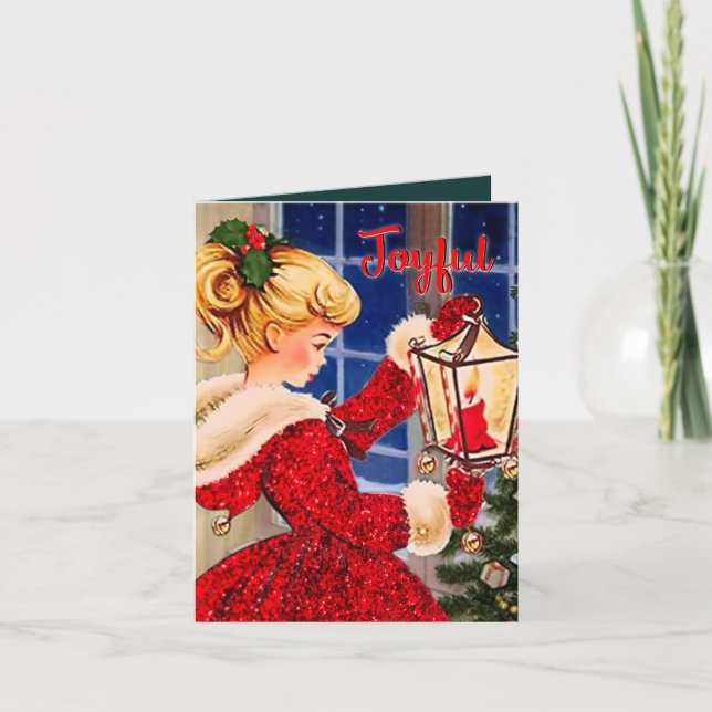 Convite Natal vintage lâmpada de vela vermelha-reluzente (Frente)