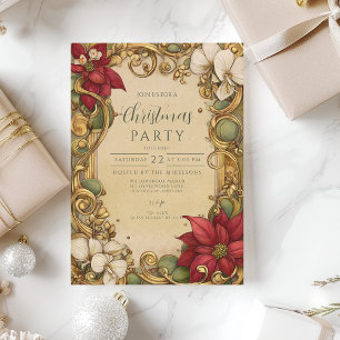 Convite Natal Vintage Poinsettia Dourado em Rolo