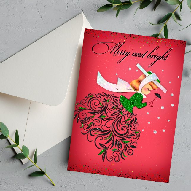 Convite Natal vintage verde-brilhante menina do cachecol (Criador carregado)