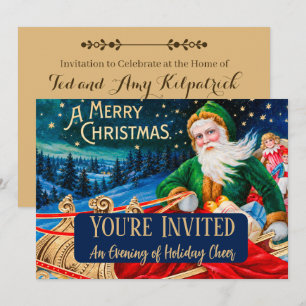 Convite Natal Vintage Verde Trenó do Papai Noel Noite Estr