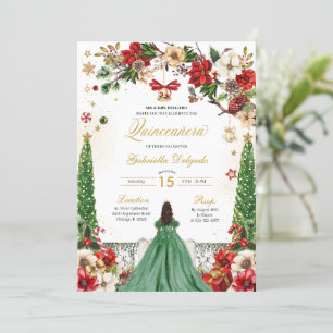 Convite Natal Winter Poinsettia Green Quinceanera