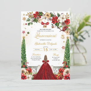 Convite Natal Winter Poinsettia Red Dourado Quinceanera