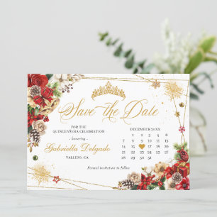 Convite Natal Winter Red Dourado Poinsettia Salvar Data