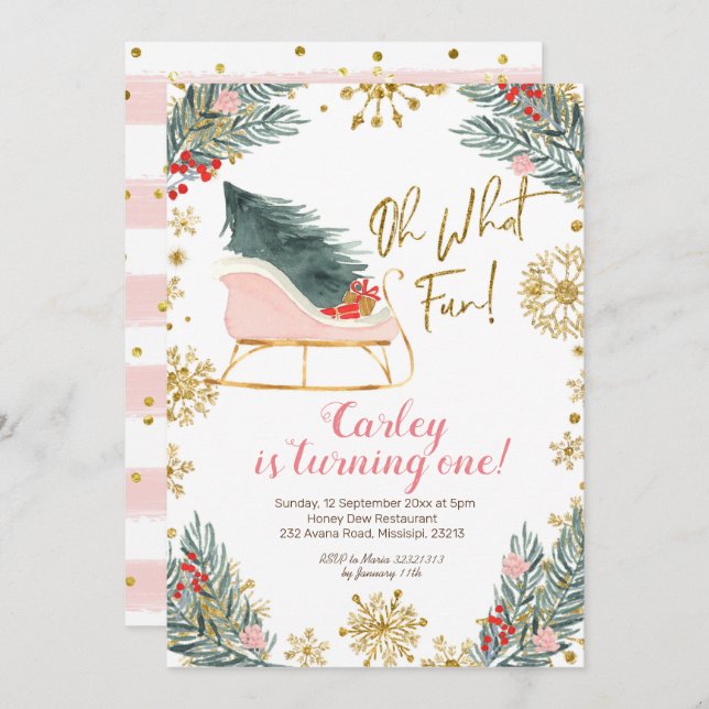 Convite Natal Winter Sleigh Oh Que Divertido Primeiro Aniv (Frente/Verso)