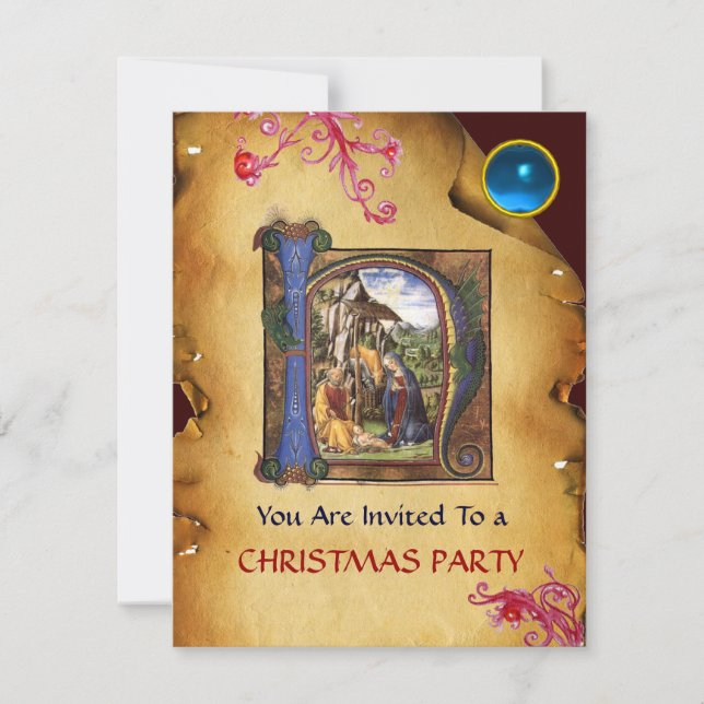Convite NATIVITY XMAS PARCHE Blue Sapphire Monograma (Frente)