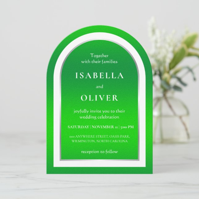 Convite Natural grass green white text wedding (Em pé/Frente)