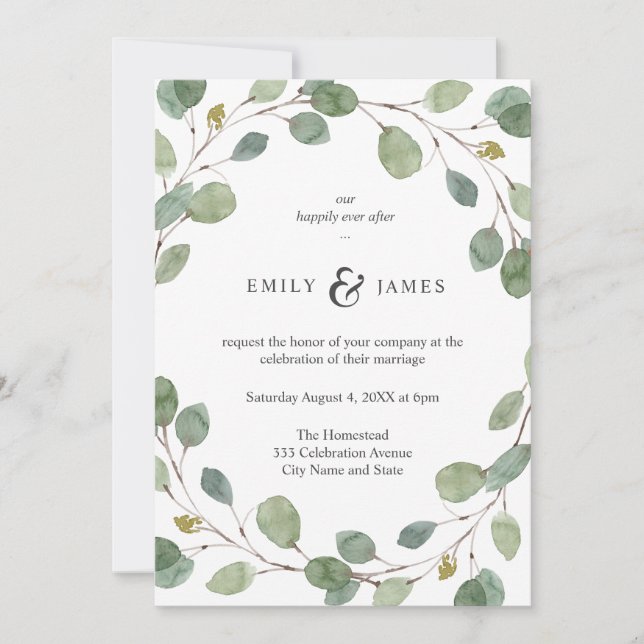 Convite Natural Greenery Watercolor Eucalyptus Wedding (Frente)