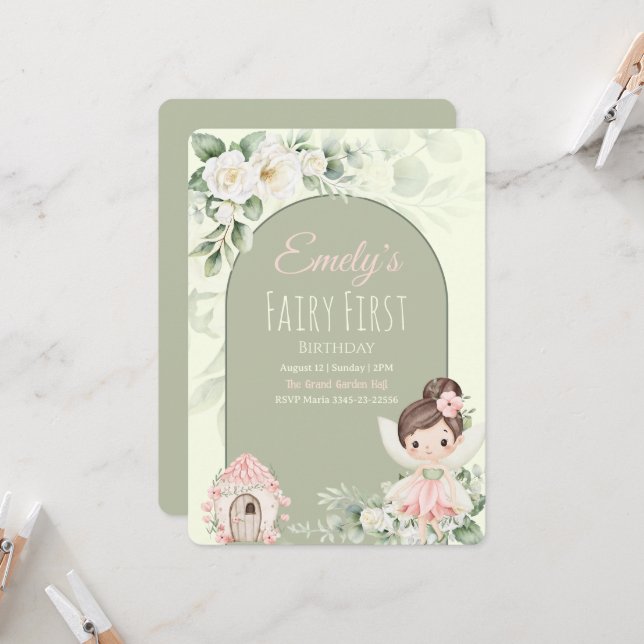 Convite Nature Cute Flower Fairy 1st Birthday Invitation (Frente/Verso In Situ)