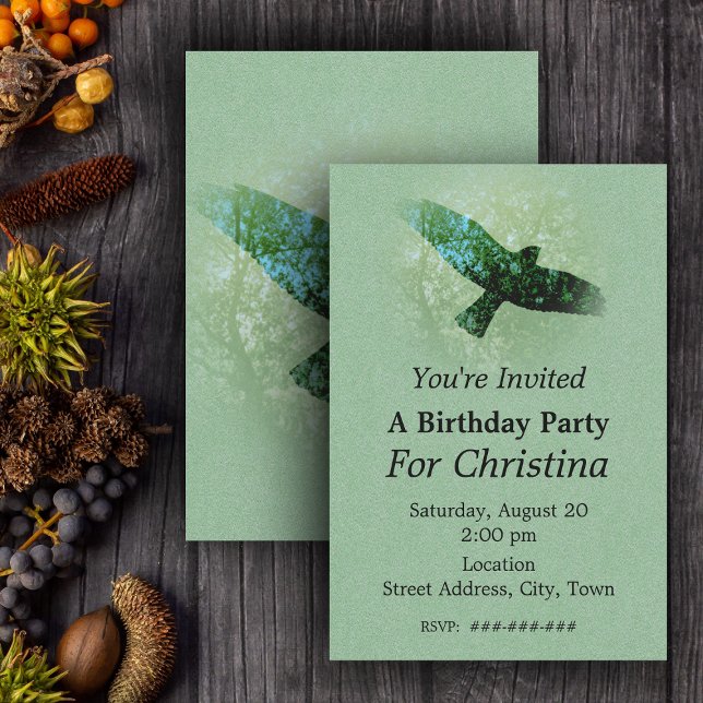 Convite Nature Green Trees Bird Soaring Crow Aniversário (Flying transparent black crow in  faded treetops on green Birthday party invitations.)