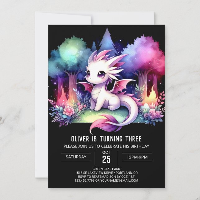 Convite Nature Watercolor Dragon Birthday (Frente)
