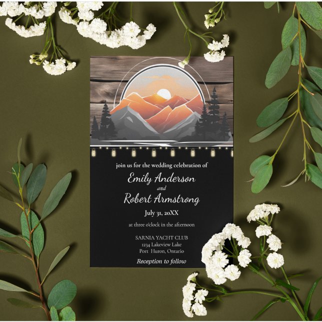 Convite Natureza do Sol no Vale do Montanha Russo (Mountain Forest Sunset Lakeside Wedding Invitation Suite.)