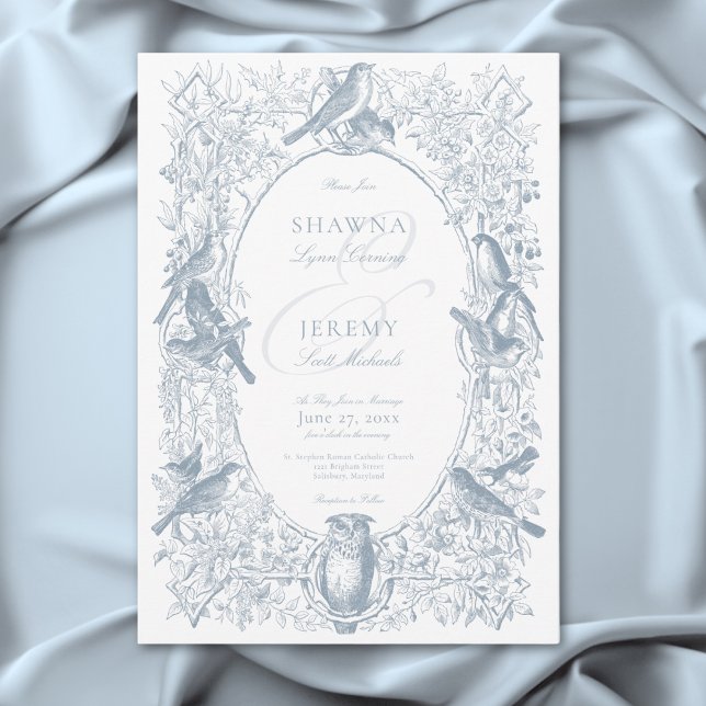 Convite Natureza e Casamento de Aves da Chinoiserie Azul E (Elegant Blue Chinoiserie Nature & Birds Wedding Invitation)
