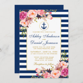 Convite Náutica Blue Stripes Floral Rosa Rosa Invite B