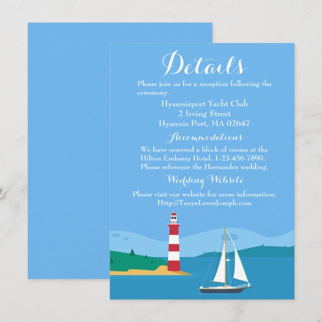 Convite Náutica Blue Wedding Details Lighthouse Sailboat (Frente/Verso)