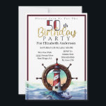Convite Náutica Casa-Luz Oceano Ondas 50º Aniversário<br><div class="desc">Farol Náutico Vermelho e Azul Onda 50º Aniversário de Mulheres. Fácil De Alterar O Texto De Exemplo Para Si, Clicando Em Personalizar. Clique Em Personalizar Mais Para Alterar O Tipo De Fonte, A Cor Da Fonte, O Tamanho Da Fonte Ou Para Adicionar/Excluir/Alterar O Texto Ou Os Elementos De Design. Nota:...</div>