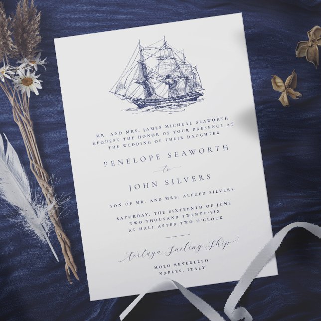 Convite Náutica Elegante Ilustração Formal Casamento (Formal wedding invitation with an illustration of a sailing ship)