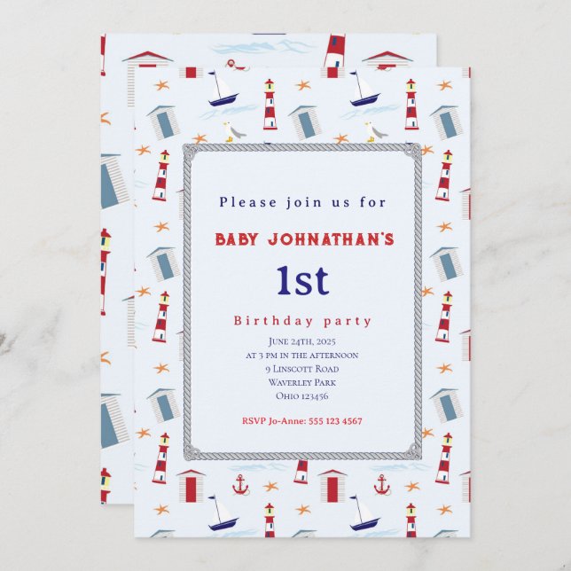 Convite Nautical 1st Birthday Sailboat Birthday Party (Frente/Verso)