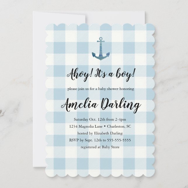 Convite Nautical Ahoy Baby Boy Baby Shower (Frente)