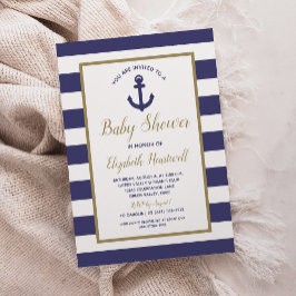 Convite Nautical Anchor Navy Blue Stripes Boy Baby Shower