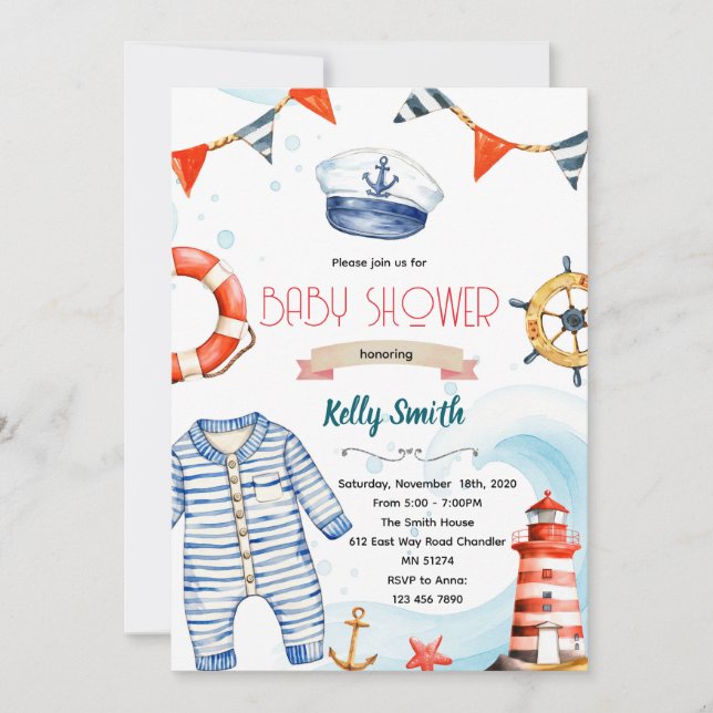 Convite Nautical baby shower invitation (Frente)
