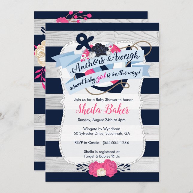 Convite Nautical Baby Shower Invitation - Girl (Frente/Verso)
