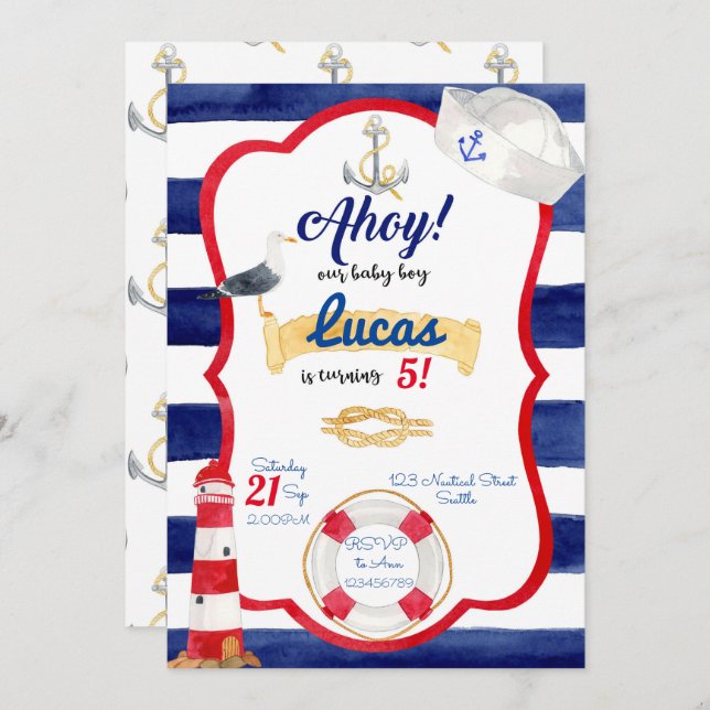 Convite Nautical Birthday Invitation (Frente/Verso)