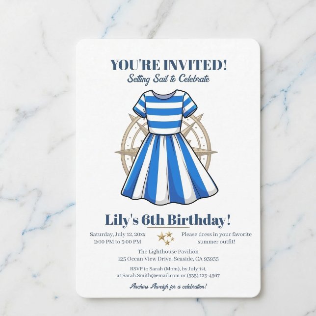 Convite Nautical Blue And White Sailor Dress Party Invite (Gather your crew for a special birthday.)