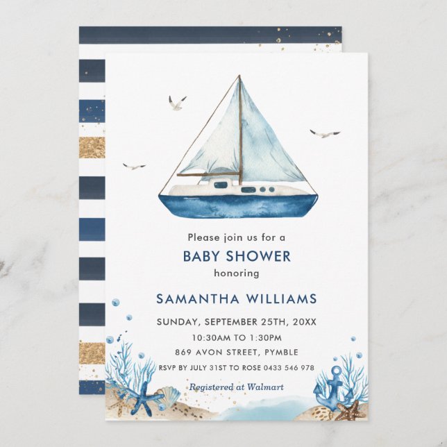 Convite Nautical Blue Boat Baby Shower (Frente/Verso)