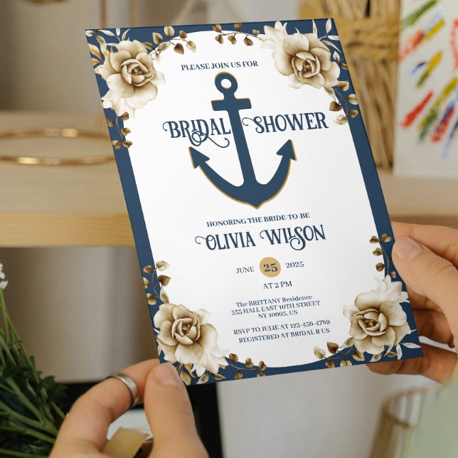 Convite Nautical Bridal Shower Anchor Blue Gold Floral  (nautical bridal shower anchor navy blue Gold seaside bridal showers, yacht parties,  bride to be)