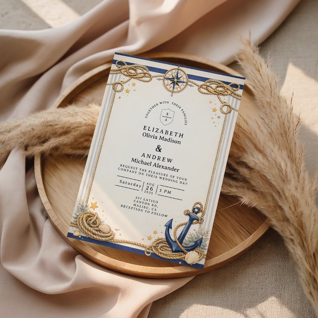 Convite Nautical Compass Anchor Wedding (Criador carregado)