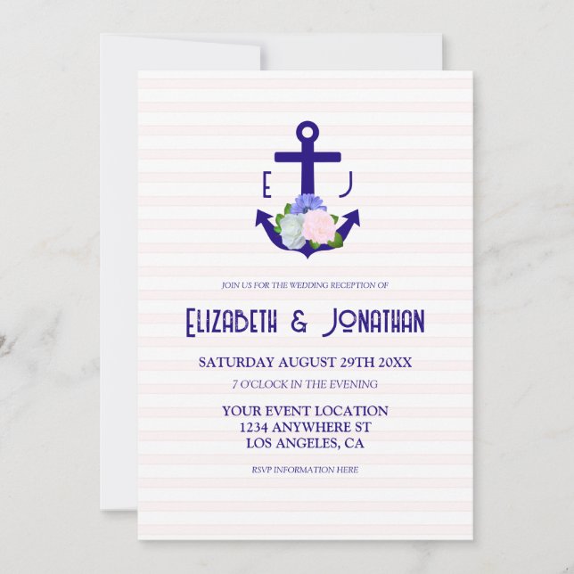 Convite Nautical Floral Stripes Wedding Reception (Frente)