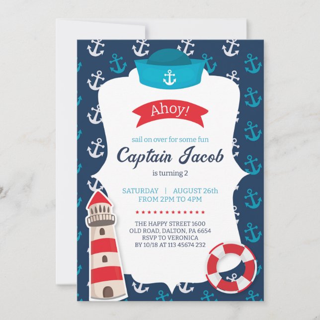 Convite Nautical Invitation for Birthday Party Ahoy! Blue (Frente)